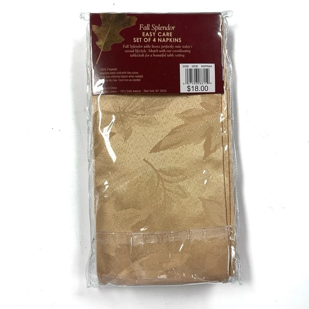 Fall Splendor Easy Care Gold Foliage Napkins Set of Four NEW In Package Dining